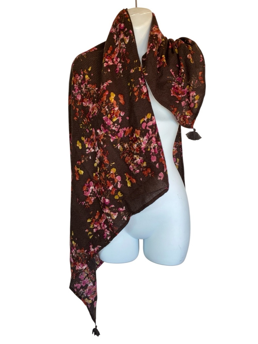 J Jill Scarf, Brown Floral Patterned, 2 Tassels, Buttery Soft! 38" Square. EUC